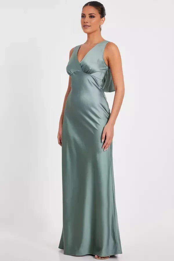V-neck sleeveless satin backless and floor length Prom dress