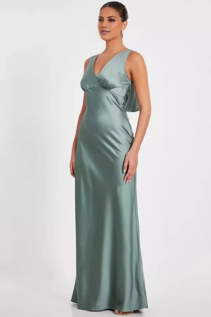 V-neck sleeveless satin backless and floor length Prom dress