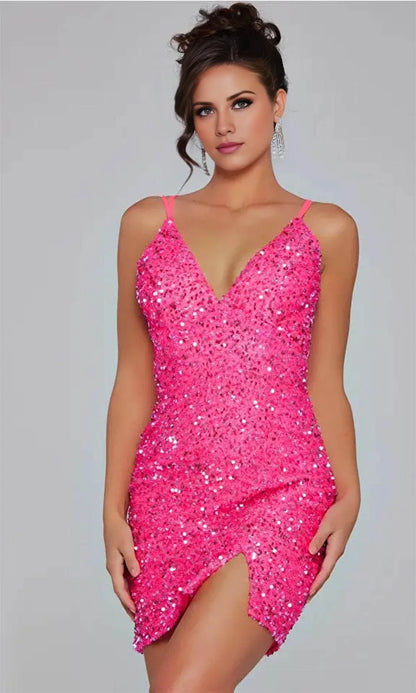 V-neck sleeveless thin shoulder strap sequin decoration short mini Homecoming Dress