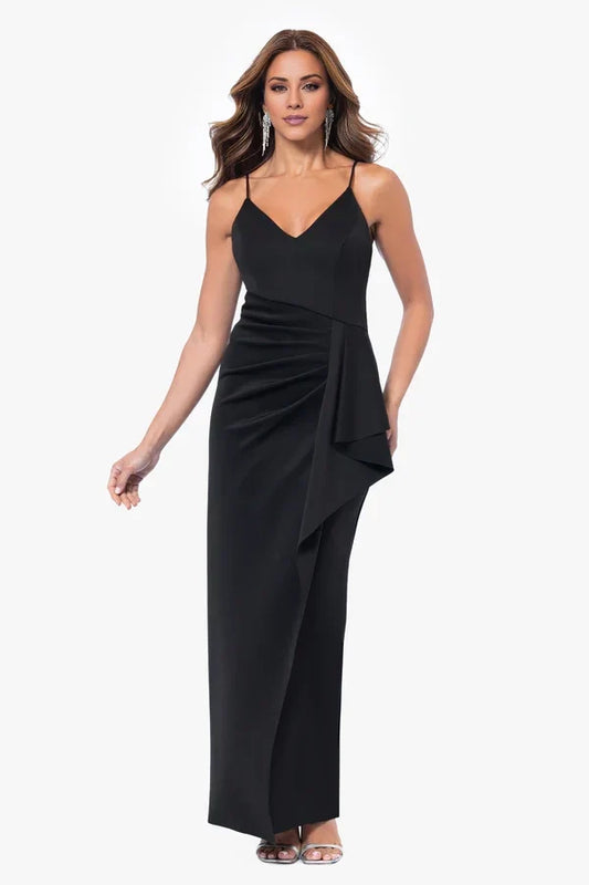 V-neck sleeveless thin shoulder strap with exposed back pleat details and floor length mother of the bride dress