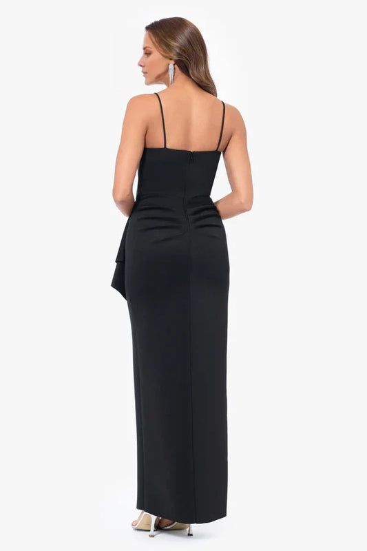 V-neck sleeveless thin shoulder strap with exposed back pleat details and floor length mother of the bride dress