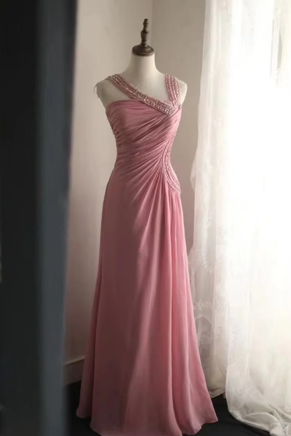 Fairy Pink Chiffon Sequin Beaded Mermaid Long Party Dress Birthday Evening Gown