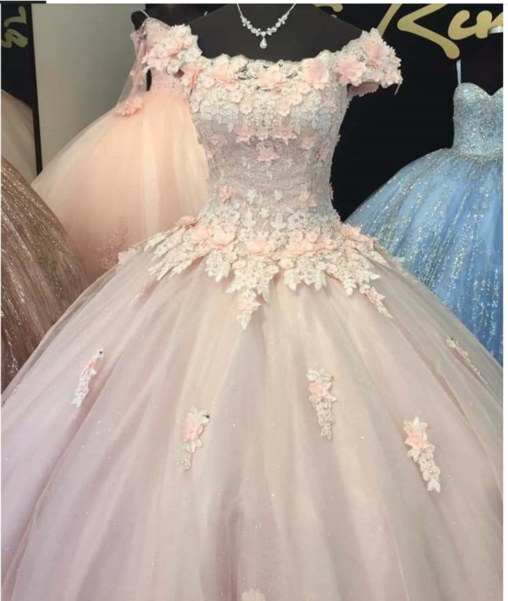 Pink Long Sweet 16 Dress Evening Party Celebrity Gown Ball Gown With Flowers Cap Sleeves c2841
