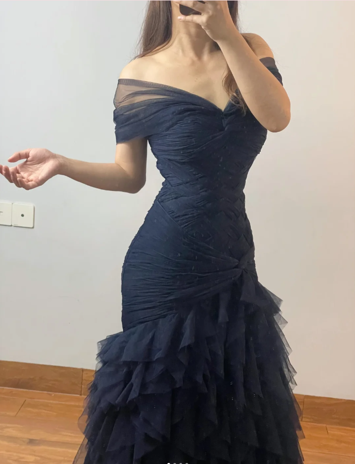 Elegant Navy Blue Tulle Pleated Layered Mermaid Evening Dress Off The Shoulder Long Weding Guest Dress Prom Gown