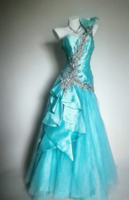 Gorgeous One Shoulder Blue Satin Tulle Beaded Mermaid Long Party Dress Prom Gown SP1594