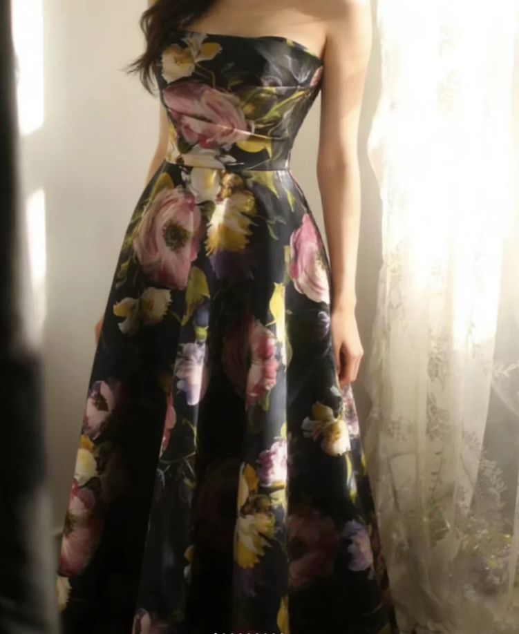 Pretty Strapless Satin Rose Print Floral Long Birthday Party Dress Evening Gown