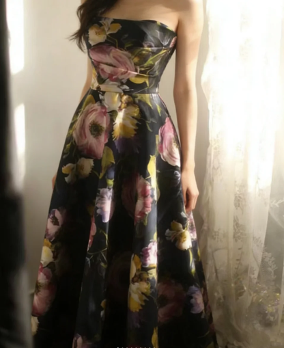 Pretty Strapless Satin Rose Print Floral Long Birthday Party Dress Evening Gown