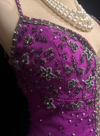 Classy Spaghetti Straps Purple Chiffon Beaded Long Wedding Guest Dress Formal Birthday Prom Dress Party Gown