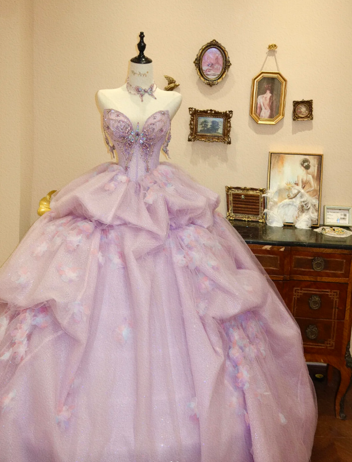 Charming Strapless Purple Tulle Beaded Appliques Quinceanera Dress Sweet 16 Dress SP1660