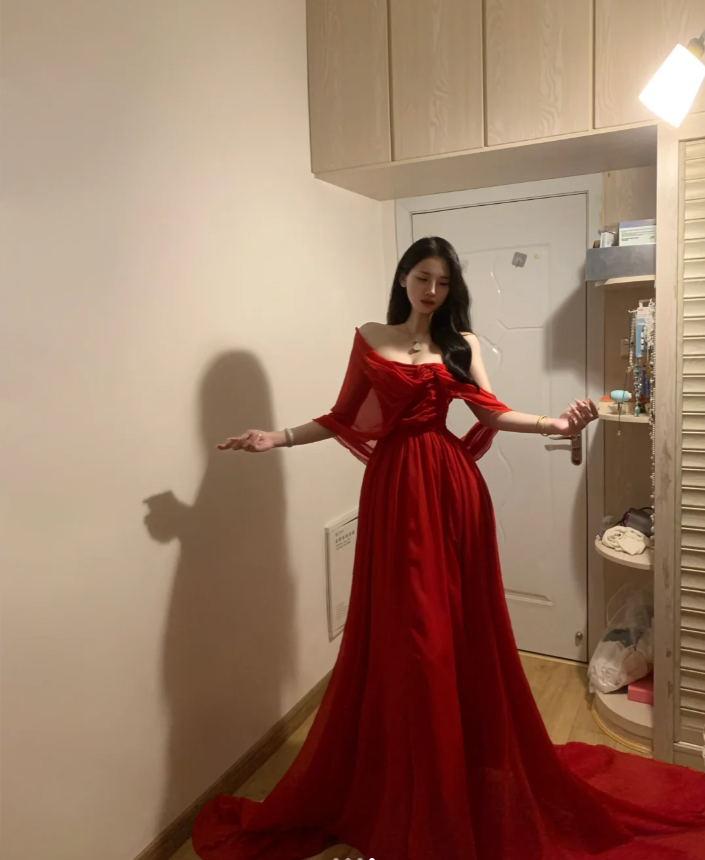 Pretty Red Off The Shoulder Chiffon Long Party Dress Formal Guest Dress SP298