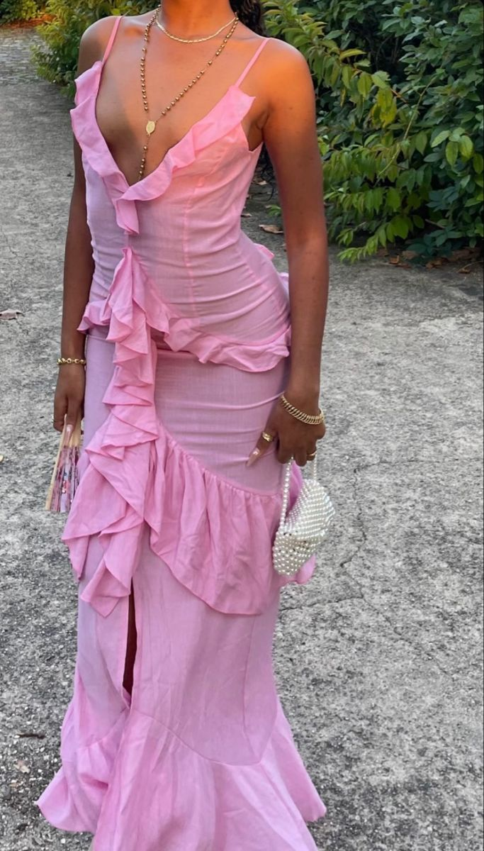 Pretty Pink Spaghetti Straps Satin Ruffle Mermaid Slit Evening Dress Long Party Gown