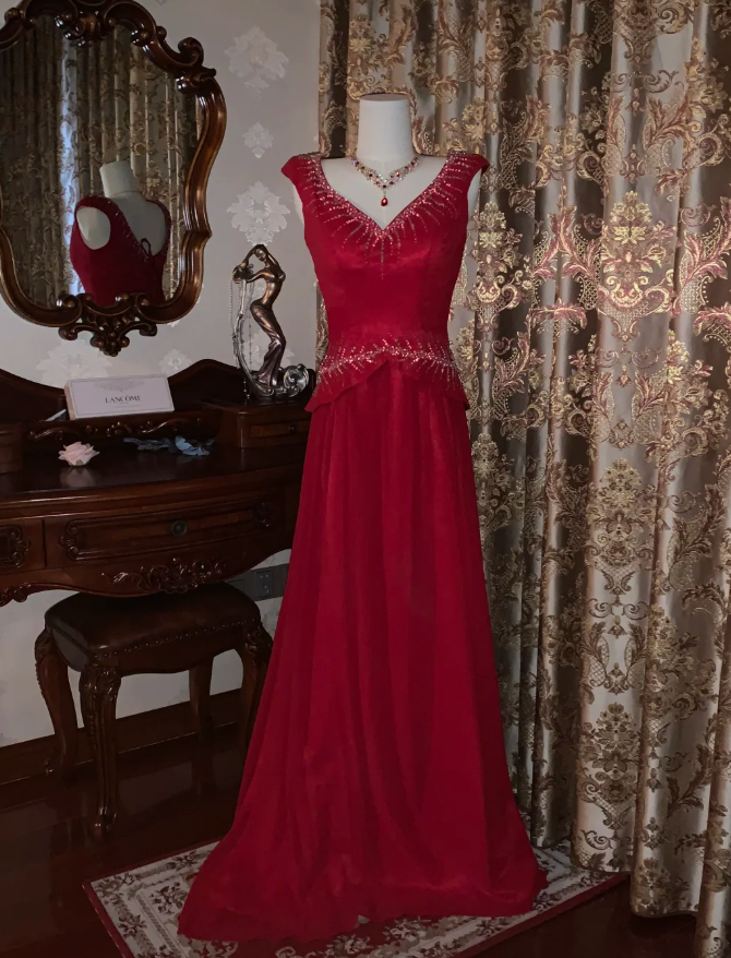 Glitter V Neck Sleeveless Satin Tulle Beaded Mermaid Long Evening Dress Party Gown