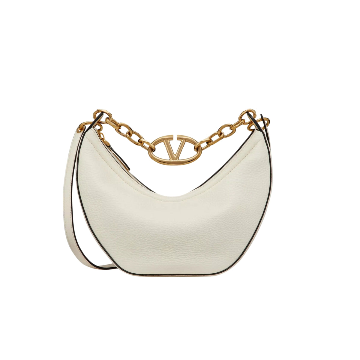 VALENTINO GARAVANI SMALL VLOGO MOON HOBO BAG IN GRAINY CALFSKIN WITH CHAIN WHITE 29CM