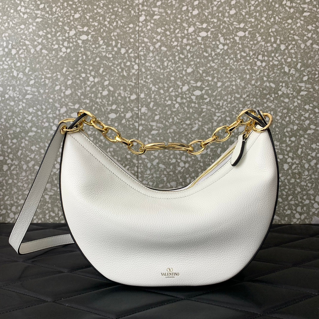 VALENTINO GARAVANI SMALL VLOGO MOON HOBO BAG IN GRAINY CALFSKIN WITH CHAIN WHITE 29CM