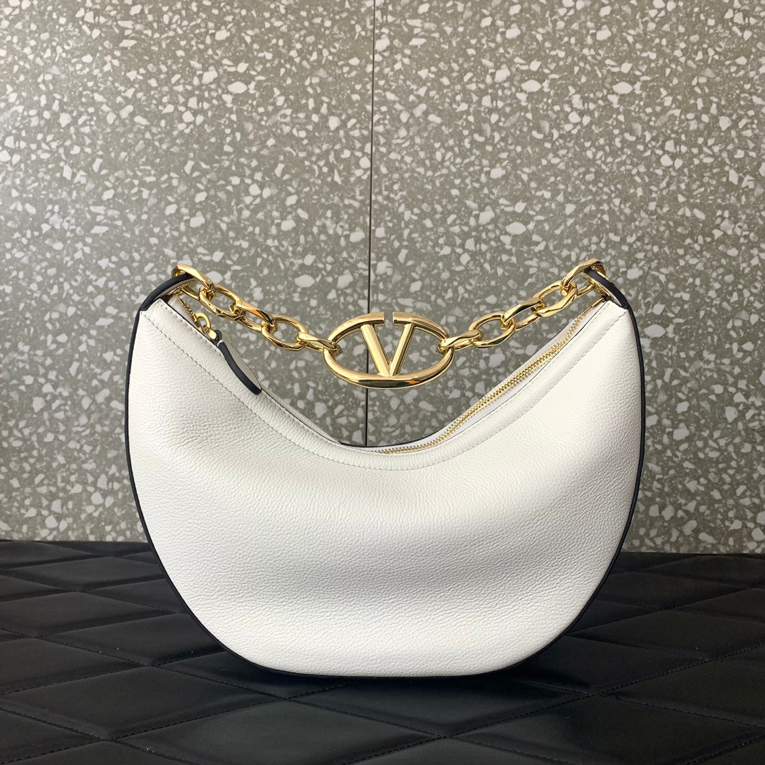 VALENTINO GARAVANI SMALL VLOGO MOON HOBO BAG IN GRAINY CALFSKIN WITH CHAIN WHITE 29CM