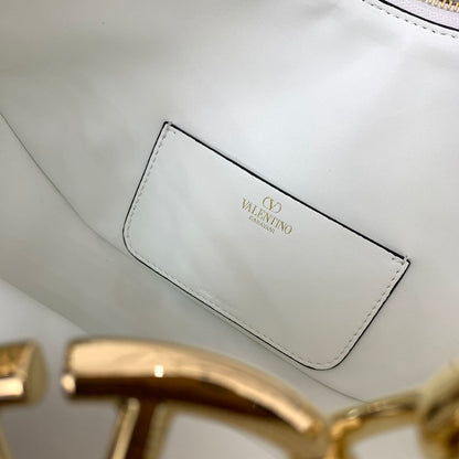VALENTINO GARAVANI SMALL VLOGO MOON HOBO BAG IN GRAINY CALFSKIN WITH CHAIN WHITE 29CM