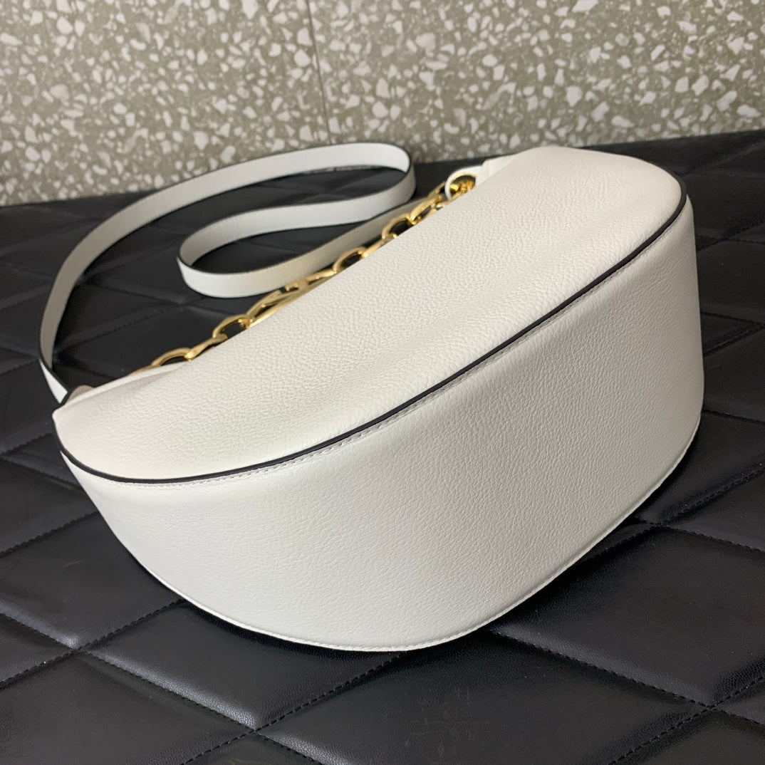 VALENTINO GARAVANI SMALL VLOGO MOON HOBO BAG IN GRAINY CALFSKIN WITH CHAIN WHITE 29CM