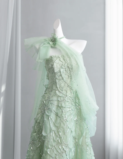 Pretty Mint Green Tulle Petals Sequin Beaded A Line Birthday Prom Dress Party Dress SP1520