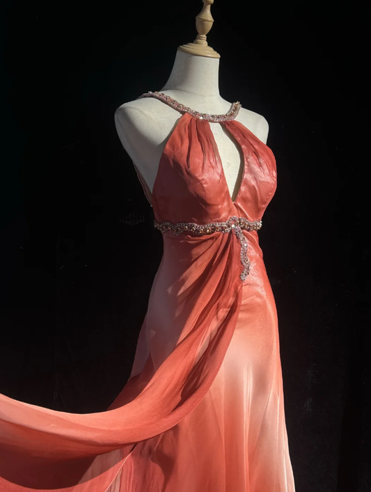 Chic Ombre Orange Chiffon Beaded Long Party Dress Evening Gowns