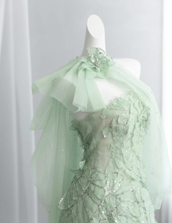 Pretty Mint Green Tulle Petals Sequin Beaded A Line Birthday Prom Dress Party Dress SP1520