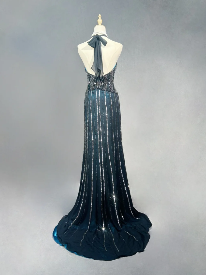 Gorgeous Halter V Neck Peacock Blue Satin Beaded Mermaid Long Evening Dress Backless Prom Gown SP1384