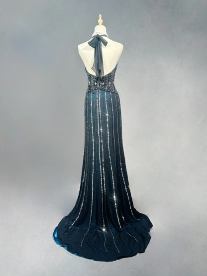 Gorgeous Halter V Neck Peacock Blue Satin Beaded Mermaid Long Evening Dress Backless Prom Gown SP1384