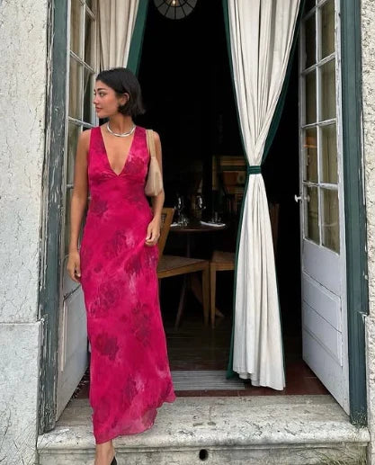 Pink Fashion Elegant Charming V Neck Floral Print Long Satin Ball Gown Evening Dress Holiday Party Dress gh3485