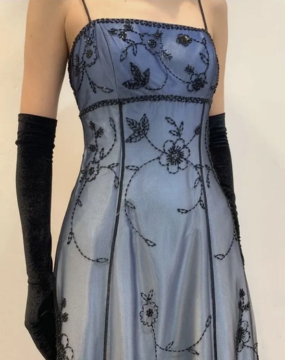Gorgeous Spaghetti Straps Blue Tulle Beaded Mermaid Eevening Dress Long Birthday Party Gown