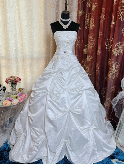 Vintage Strapless Satin Pleated Beaded Bridal Dress White Long Wedding Dress SP1611