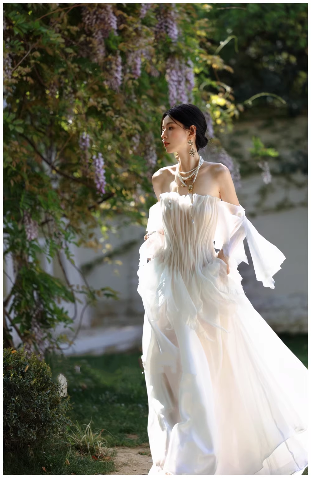 Fairy Off The Shoulder White Chiffon Pleated Pearls Long Party Dress Birthday Evening Gown