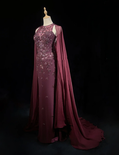 Gorgeous Burgundy Sleeveless Chiffon Beaded Mermaid Long Evening Dress Backless Birthday Dress SP1786