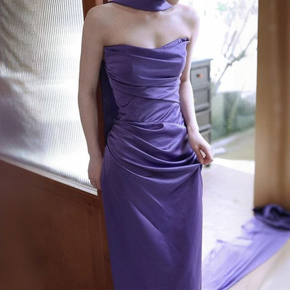 Purple Strapless Ruched Sheath Evening Dress Long Party Gown cc2228