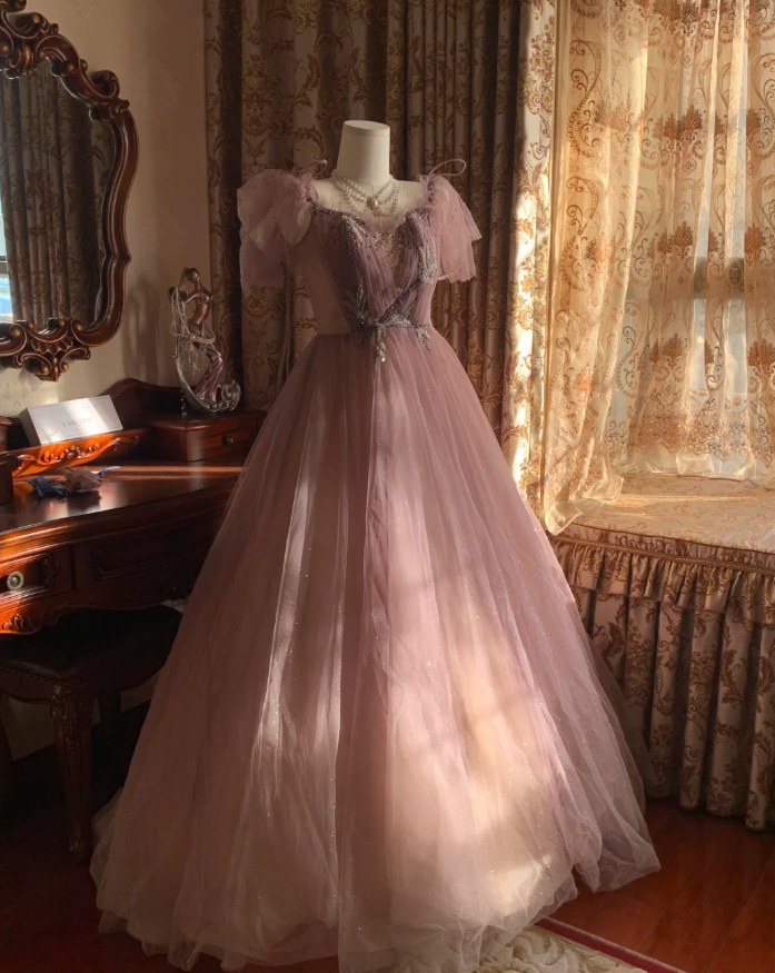 Sweet Tulle Sequin Beaded Ball Gown Pink Long Evening Dress Birthday Party Dress