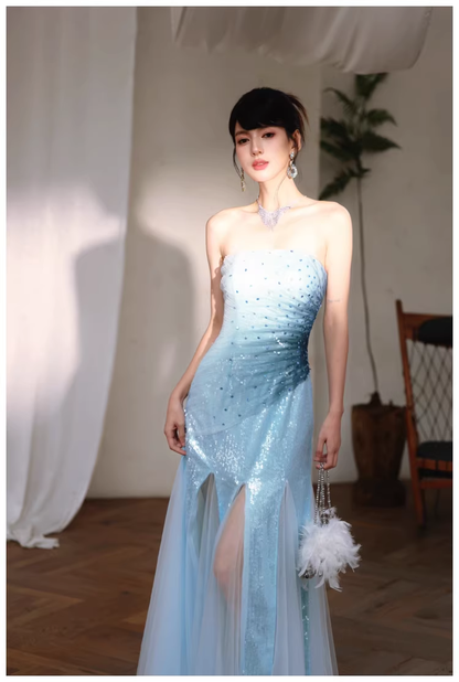 Charming Strapless Blue Tulle Sequin Beaded Mermaid Long Evening Dress Birthday Party Gown