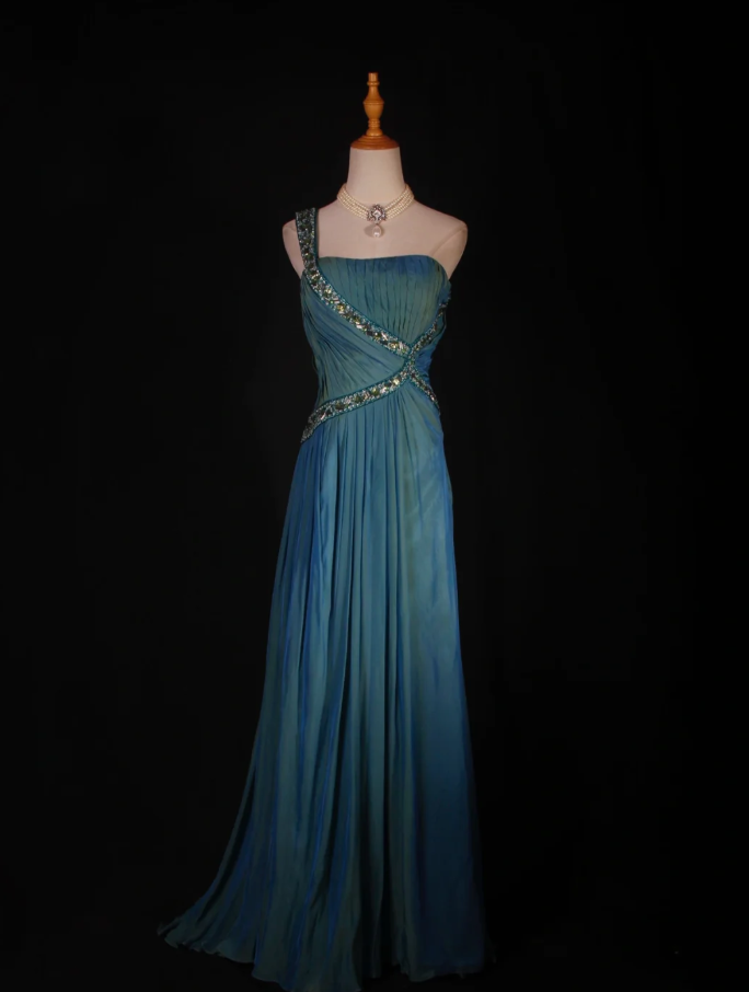 Unique Blue One Shoulder Satin Pleated Beaded Mermaid Prom Dress Long Birthday Evening Gowns