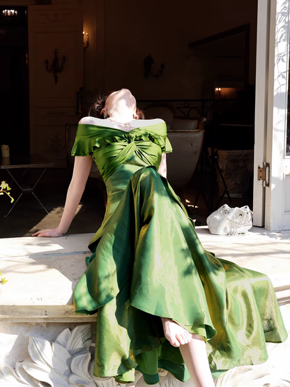 Glamorous Off The Shoulder Green Satin Ruffles Layered Mermaid Evening Dress Long Birthday Outfits SP1644