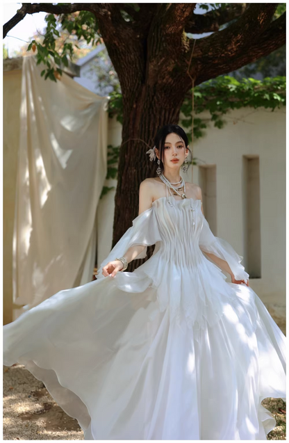 Fairy Off The Shoulder White Chiffon Pleated Pearls Long Party Dress Birthday Evening Gown