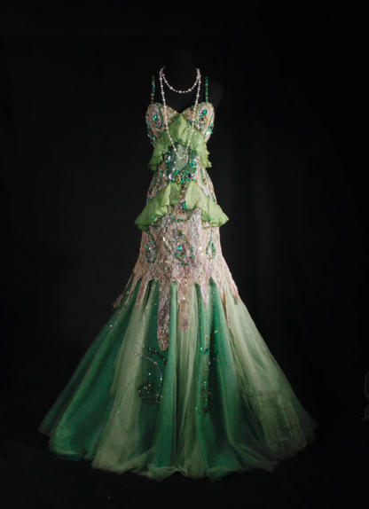Gorgeous Spaghetti Straps Green Tulle Lace Beaded Mermaid Long Evening Dress Birthday Party Gown