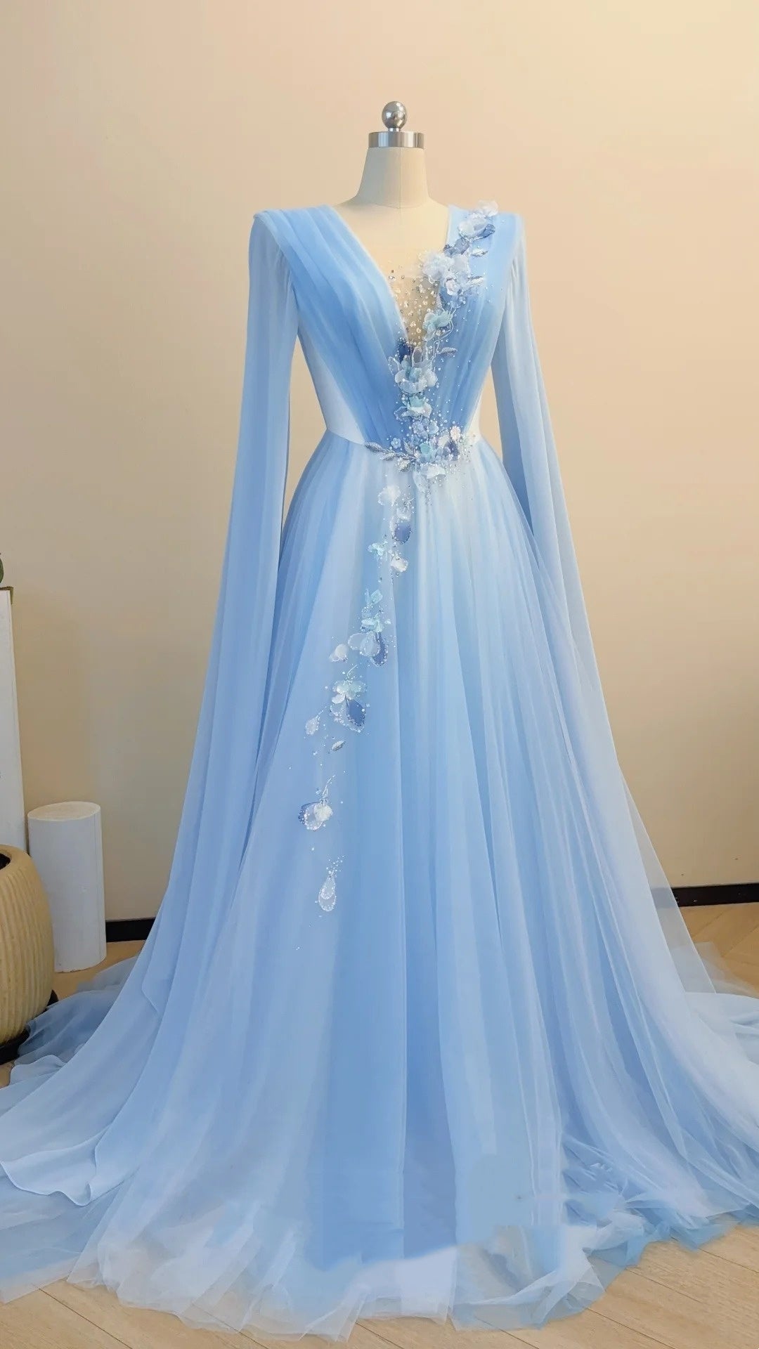 Ice Blue Sheer Long-Sleeve 3D Flower Train Gown gh6393