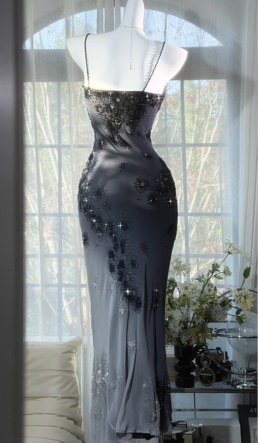 Pretty Spaghetti Straps Black Chiffon Beaded Mermaid Evening Dress Long Birthday Prom Gowns With Ribbon