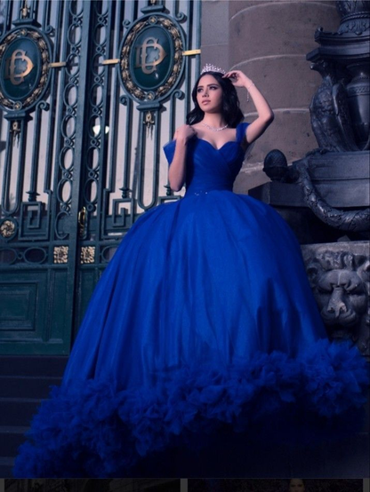 Off Shoulder Ball Gown Women Royal Blue Ruffle Princess Sweet 16 Dress  cc72