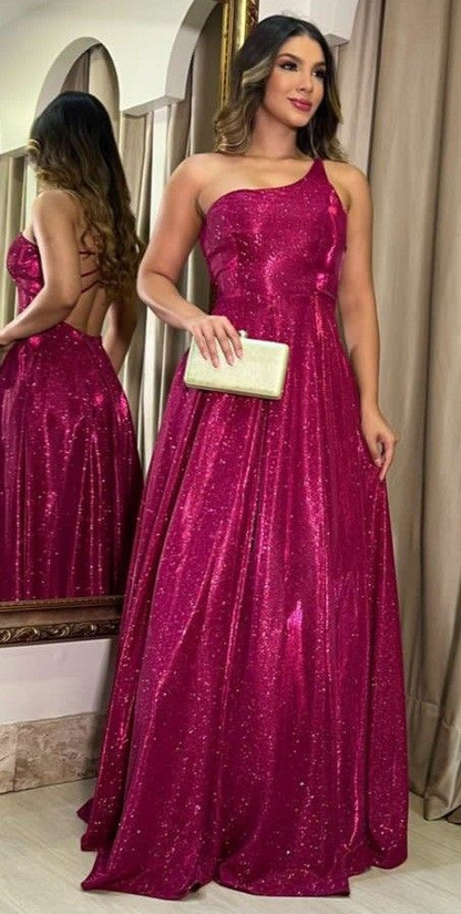Sparkly One Shoulder Satin Sequin A Line Long Party Dress Hot Pink Evening Gown