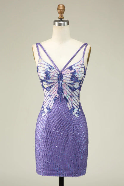 Charming Sheath Spaghetti Straps Purple Sequins Design A-line Homecoming Dress TP3645