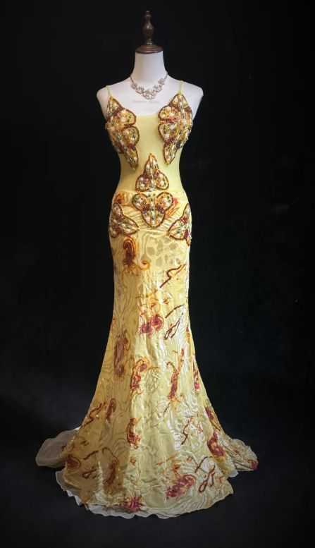 Gorgeous Yellow Spaghetti Straps Satin Beaded Mermaid Party Dress Long Prom Gown