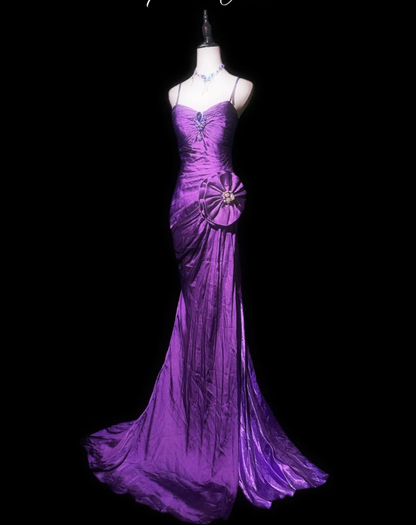 Sexy Spaghetti Straps Purple Satin Pleated Mermaid Long Prom Dress Evening Gown