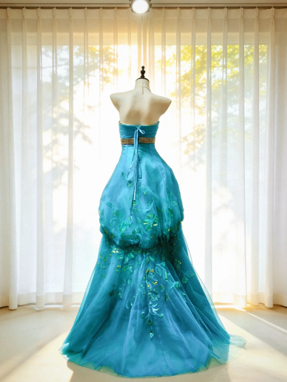 Princess Strapless Green Tulle Layered Mermaid Long Party Dress Formal Evening Dress With Bow SP1592