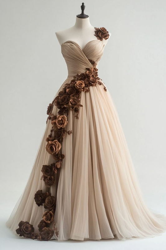 Unique One Shoulder Tulle 3D Flowers Birthday Ball Gown Vintage Quinceanera Dress cc2401