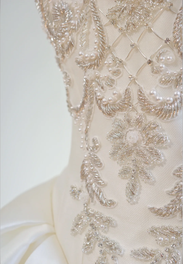 Elegant Strapless White Satin Beaded Ball Gown Long Wedding Dress