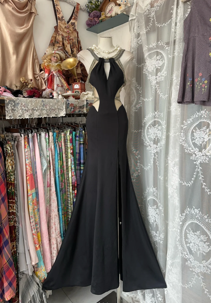 Sexy Black Sleeveless Satin Beaded Backless Mermaid Long Party Dress Evening Gown
