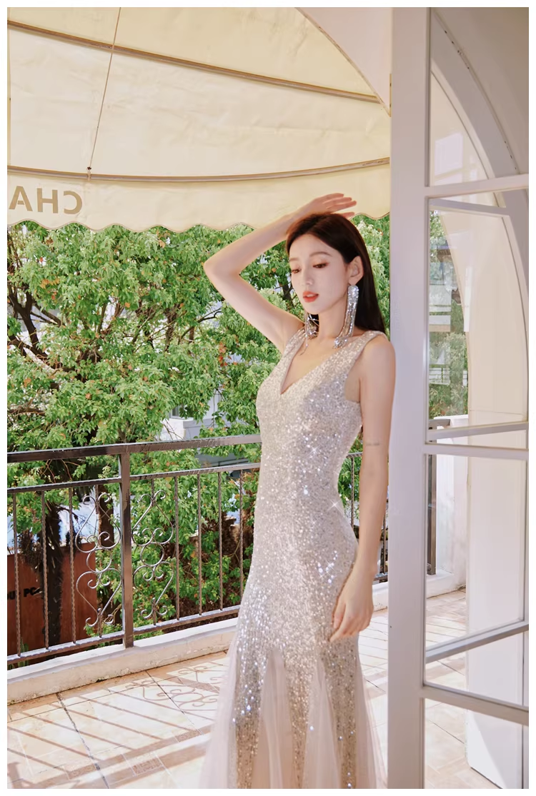 Glitter V Neck Champagne Silver Sequin Tulle Mermaid Long Evening Dress Party Gown